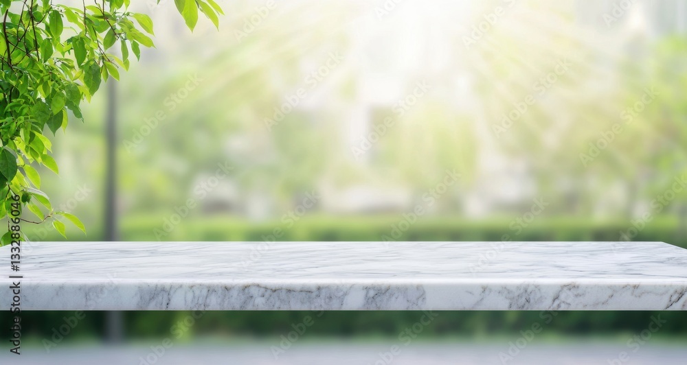 Poster Empty marble table with blurred green spring nature background for product display