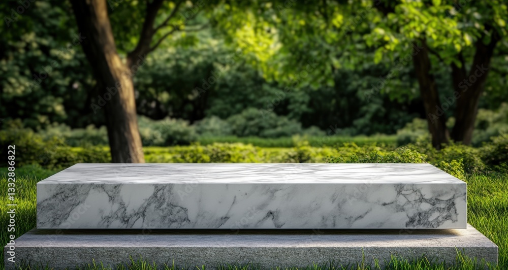 Poster Empty marble table displaying products on blurred green spring nature background