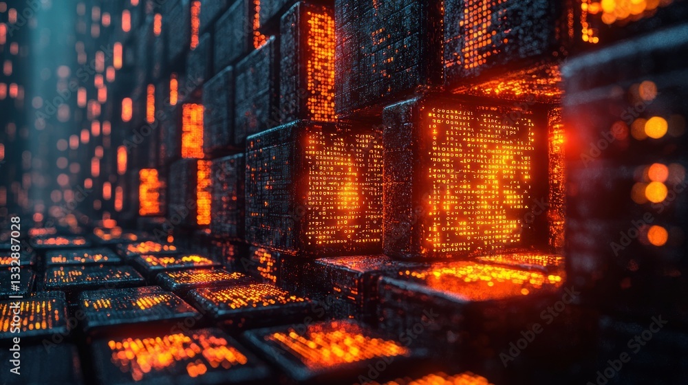 Poster glowing digital cubes: a futuristic digital art of a wall composed of illuminated cubes displaying i