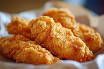 Crispy golden fried chicken tenders served in a basket at a casual dining restaurant