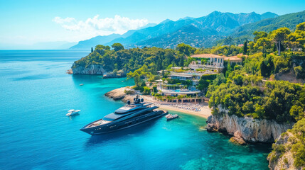Fototapeta premium Kaos at Rest: A Luxury Mega Yacht Anchored in Tranquility