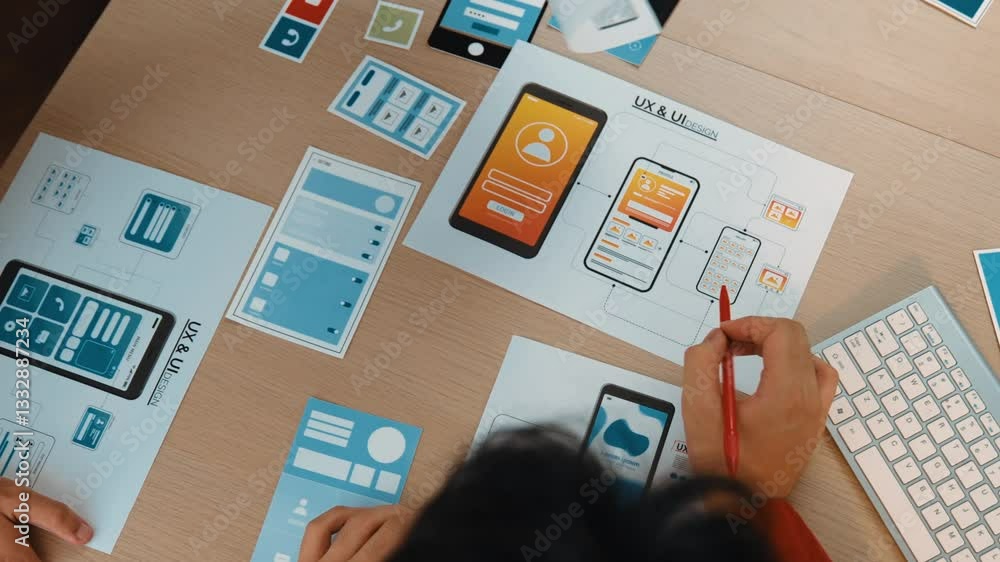 Fototapete top view panorama video of startup company employee planning on user interface prototype for mobile 