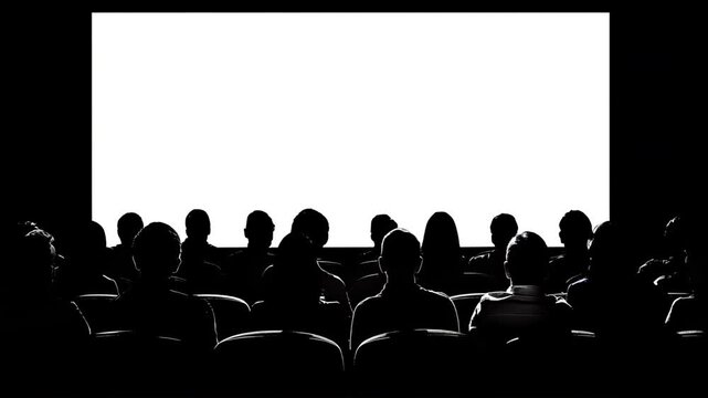 A movie theater with a large screen and a crowd of people sitting in the seats. The audience is watching a movie on the big screen