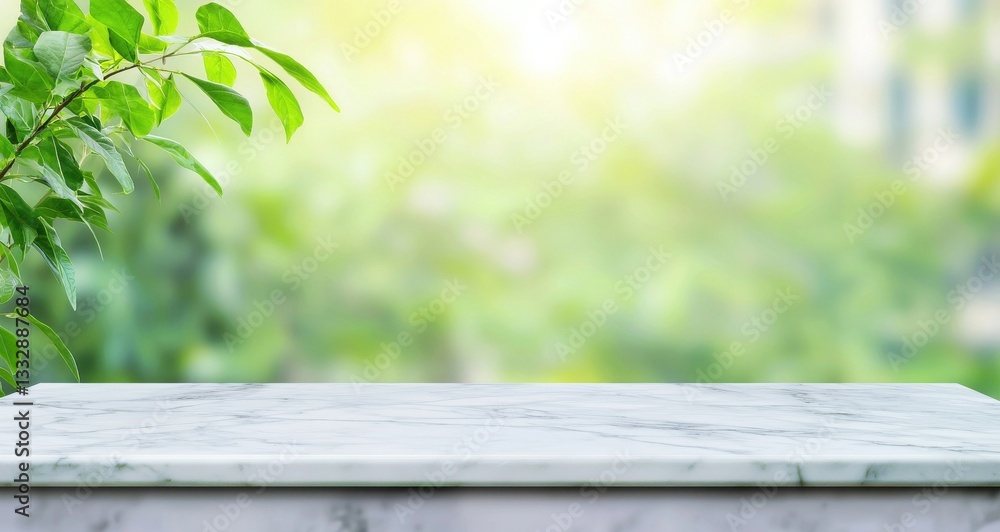 Poster Empty marble table with blurred green spring nature background