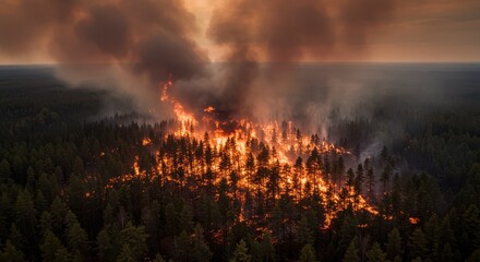 Forest Fire Raging with Intense Flames and Smoke Plume Aerial View