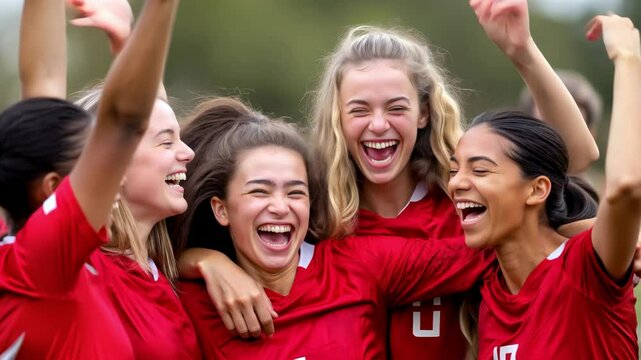 Group of young female soccer players celebrating victory