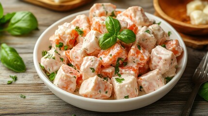 Creamy, cubed sweet potato salad, garnished with fresh herbs