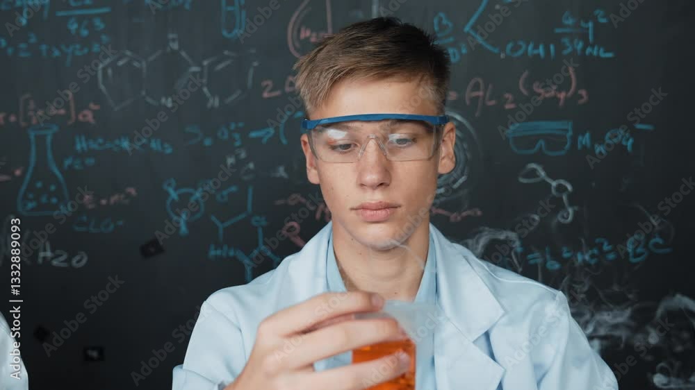Poster closeup of boy inspect chemical solution while holding beaker at blackboard with chemical theory. sm