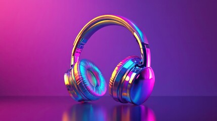 Iridescent 3D glossy headphones with a smooth and reflective surface, showcasing vibrant holographic colors.