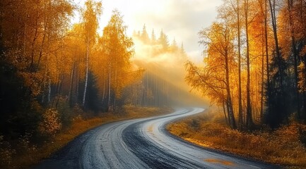 Fototapeta premium Serene autumn forest road on a sunny morning.
