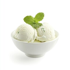 Two scoops of mint ice cream in a small bowl, garnished with fresh mint leaves