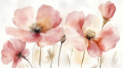 Watercolor Painting of Delicate Flowers, A watercolor painting of delicate pink and orange flowers with a soft, dreamy background