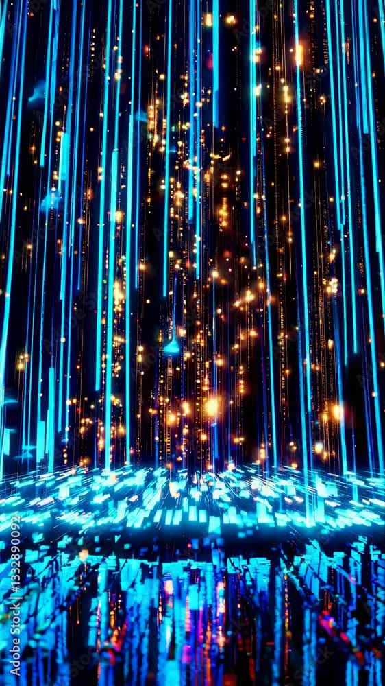 Poster digital streams cascade vertically. seamless looping cybernetic light visualization with complex ver