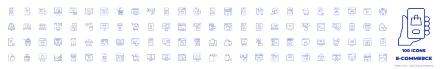 100 E-commerce Icons Collection. Thin line icon. Editable stroke. shopping cart, bag, online shop, shop, second hand, shopping bag, online shopping, sale, gift, web