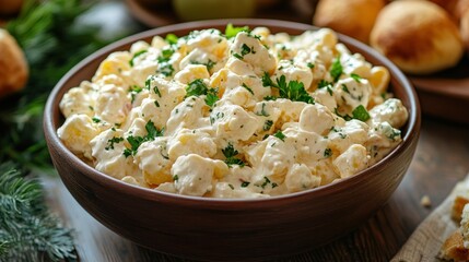 Creamy pasta salad in a bowl, garnished with fresh parsley