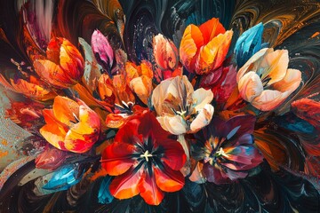 Obraz na płótnie Canvas vibrant bouquet of multicolored tulips in soft natural light, Generative AI