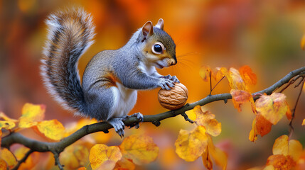Fototapeta premium A squirrel sits on a tree branch among autumn leaves, holding a walnut