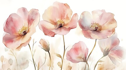 Watercolor Painting of Delicate Flowers, A watercolor painting of delicate pink and orange flowers with a soft, dreamy background