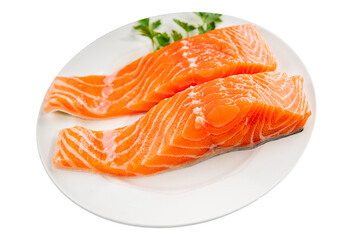 Salmon red fish organic seafood tasty fresh gourmet food background on table rustic food top view copy space
