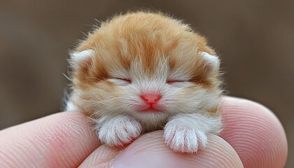 A tiny sleeping kitten is held gently by a human finger
