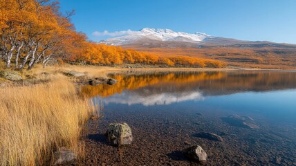Autumn Lake Reflection of Snow Capped Mountains