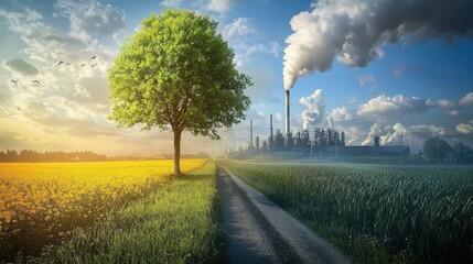 Obraz premium Illustration contrasting a lush green tree and meadow with a factory.