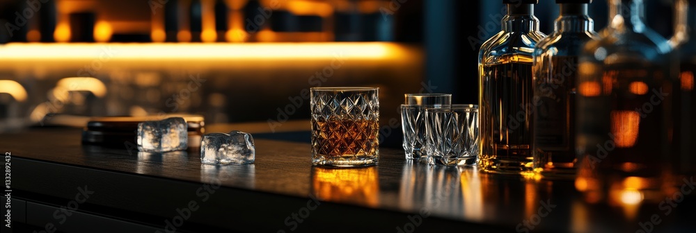 Aufkleber luxurious whiskey bar counter adorned with premium bottles and elegant glassware in a warm, inviting