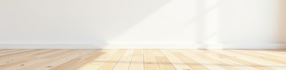 Fototapeta premium Close-up view of light parquet and stark white wall, plank, clean
