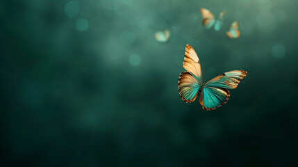 Colorful butterflies flutter in a serene atmosphere amidst soft green background during midday