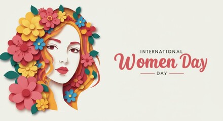 Colorful paper art illustration celebrating International Women Day with a woman face adorned with flowers, symbolizing empowerment and femininity.