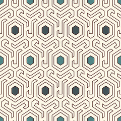 Honeycomb seamless pattern. Hexagon mosaic tiles ornament. Ethnic surface print. Repeated geometric figures background. Ornamental wallpaper. Modern geo design digital paper.