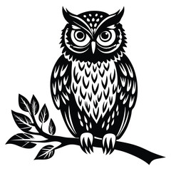 Owl Silhouette on Branch, Owl sitting on a tree branch vector silhouette an white background