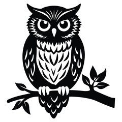Owl Silhouette on Branch, Owl sitting on a tree branch vector silhouette an white background