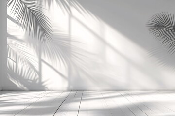 Minimalist white wall with palm leaf shadows and sunlight from window