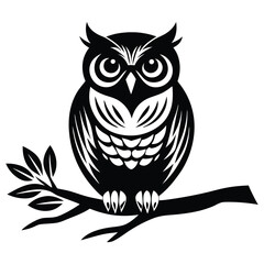 Owl Silhouette on Branch, Owl sitting on a tree branch vector silhouette an white background