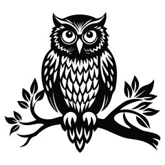 Owl Silhouette on Branch, Owl sitting on a tree branch vector silhouette an white background