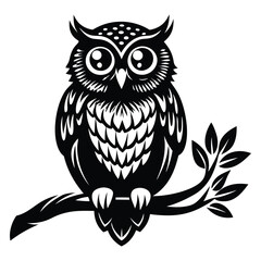Owl Silhouette on Branch, Owl sitting on a tree branch vector silhouette an white background