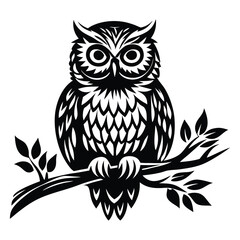 Owl Silhouette on Branch, Owl sitting on a tree branch vector silhouette an white background