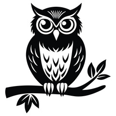 Owl Silhouette on Branch, Owl sitting on a tree branch vector silhouette an white background