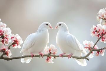 Obraz premium two white doves in love sitting on a blooming sakura branch, generative AI
