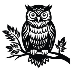 Owl Silhouette on Branch, Owl sitting on a tree branch vector silhouette an white background