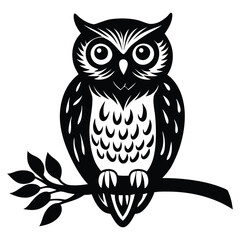 Owl Silhouette on Branch, Owl sitting on a tree branch vector silhouette an white background