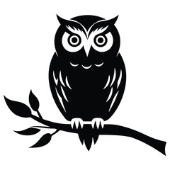 Owl Silhouette on Branch, Owl sitting on a tree branch vector silhouette an white background