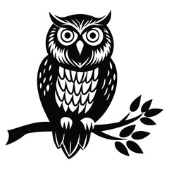 Owl Silhouette on Branch, Owl sitting on a tree branch vector silhouette an white background