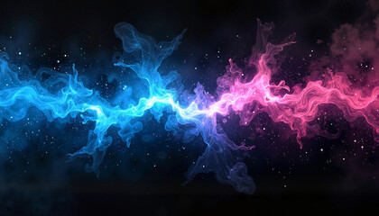 Glowing blue and pink abstract waves with digital artifacts, cosmic energy