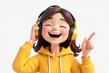 Fototapeta premium 3D rendering of a stylized young girl with headphones, smiling and gesturing happily. Isolated on white.