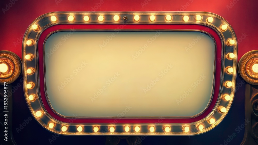 Poster retro marquee sign with lights, featuring a large blank space for custom messages, framed by a red a