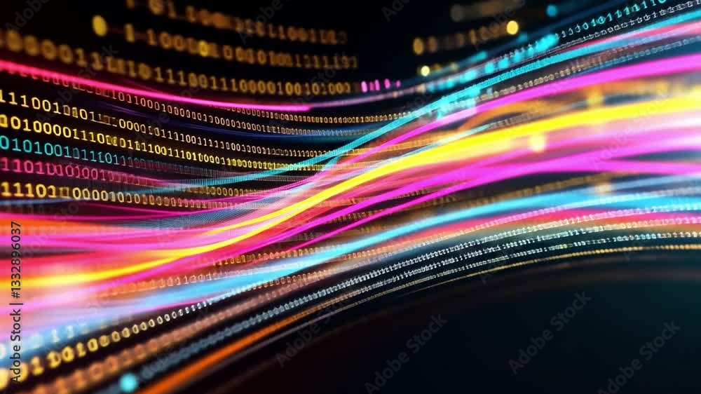 Fototapete Dynamic abstraction of colorful light trails over binary code background in 4k resolution