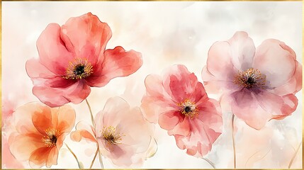 Watercolor Painting of Delicate Flowers, A watercolor painting of delicate pink and orange flowers with a soft, dreamy background