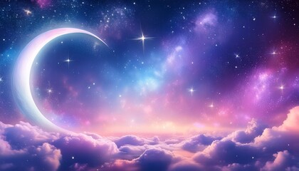 Fototapeta premium pastel nebula galaxy background with crescent moon and stars ideal for dreamy designs or whimsical projects
